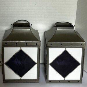 2 Marjolein Bastin Stained Glass Metal Lantern Candle Holder Cobalt Blue Floral